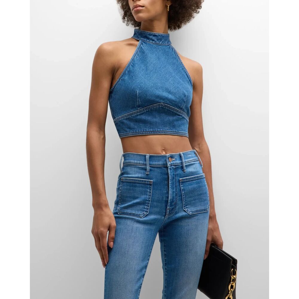 MOTHER The Never Falter Halter Denim Top Flashback Women's Size Large